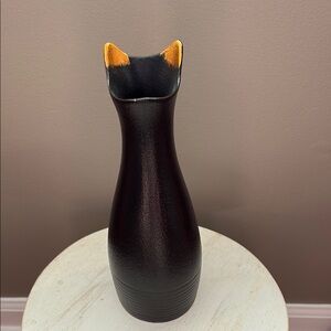 Black Ceramic Cat Vase with Gold Accents